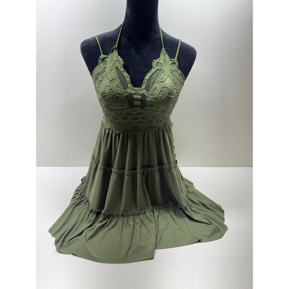 Zenana Dresses & Skirts - Y2K Boho Babydoll Tiered Mini Dress Green Sz Large Strappy Juniors Coquette